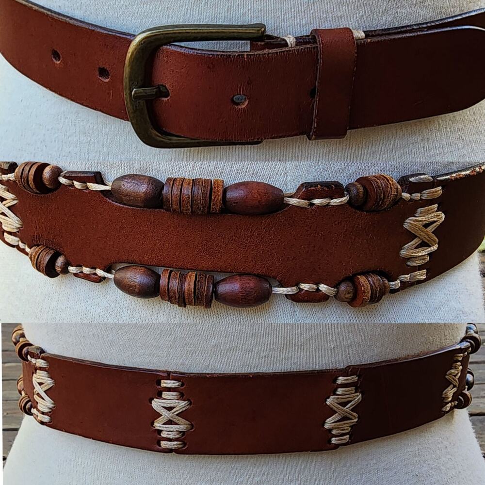 Omega Brown Leather Belt Small | Jute + Wood Beads | Boho Artisan Turkey